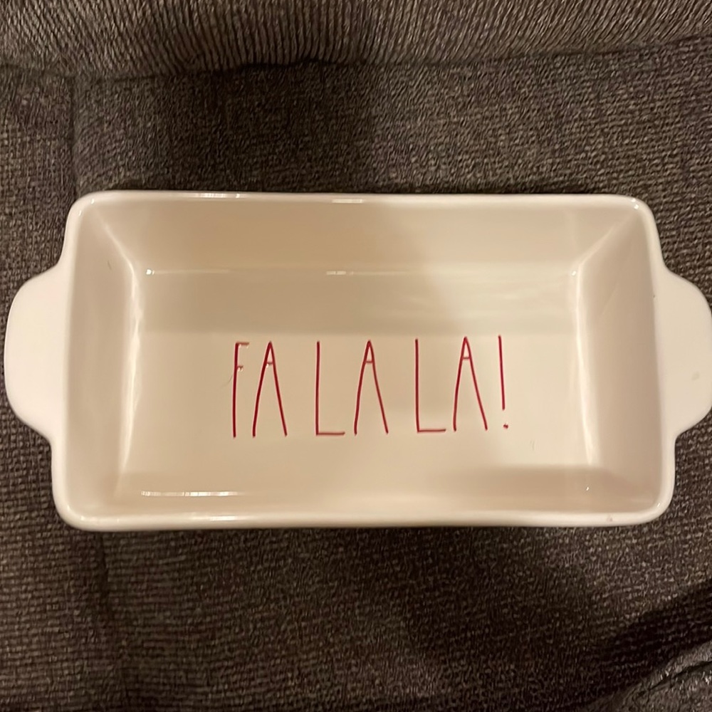 Rae Dunn FA LA LA! Bake Pan Loaf Dish Red Large Letter Holiday Christmas Magenta